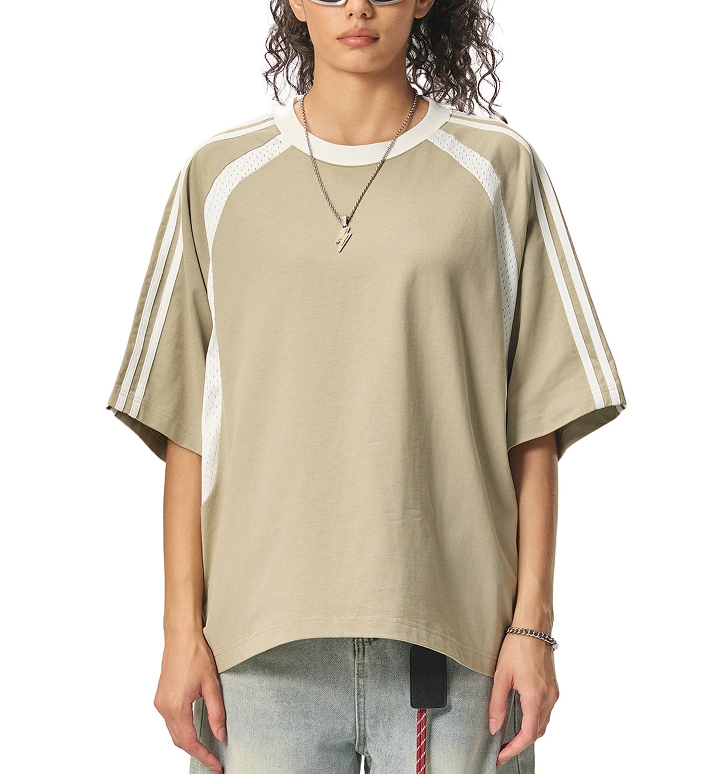 Contrast Stripes Panel Mesh T-shirt